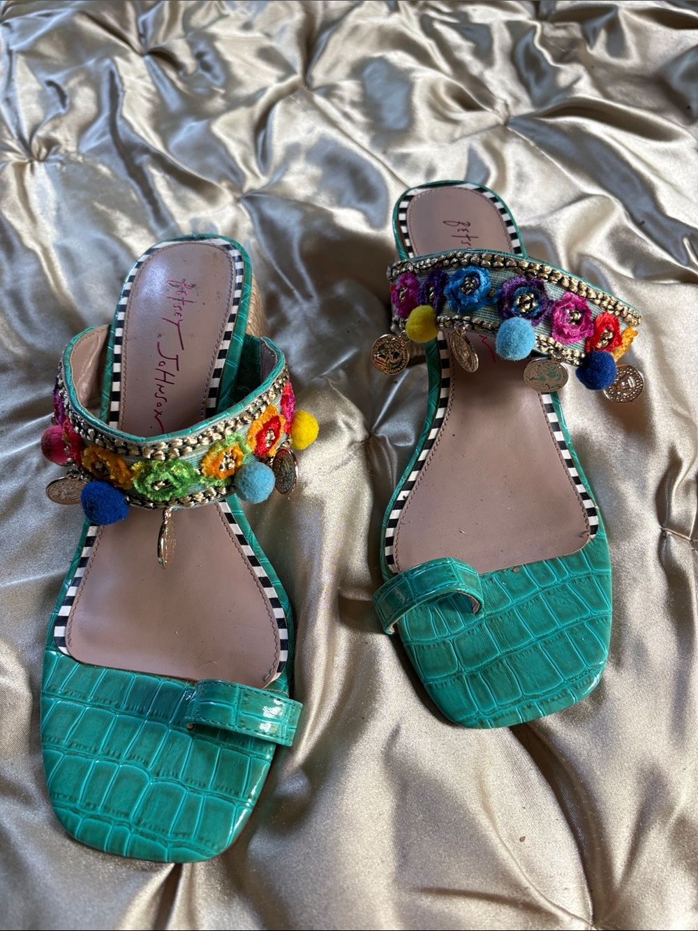 Betsey Johnson Teal Croc-Embossed Slide Sandals with Multicolor Pom Trim